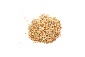 Mixed grains of various cereals scattered on a white background