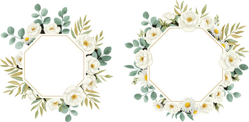 White flowers and green leaves forming octagonal floral frames on black background on transparent background