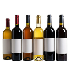 Collection of six assorted wine bottles with blank white labels isolated on transparent background