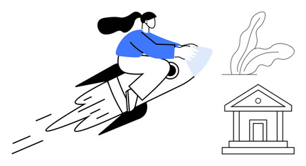 Woman riding a rocket with dynamic trails, heading towards a classical building surrounded by plants. Ideal for innovation, progress, speed, ambition, financial growth, goal-setting achievement. A