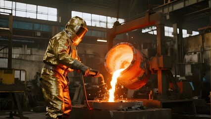 Worker in protective gear pouring molten metal into a mold at a foundry
