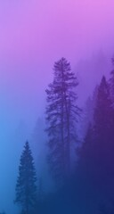 Ethereal coniferous forest shrouded in mist, illuminated with a gradient from blue to pink and purple