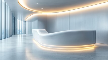 Modern, minimalist lobby with smooth white reception desk