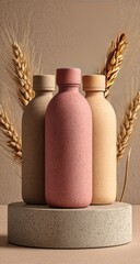 Trio of bottles on platform with wheat