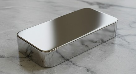 Shiny rectangular metal box with a reflective lid on a marbled surface