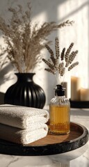 Serene bathroom scene folded towels, aroma diffuser, vase with dried plants on a marble surface, lit by sunlight