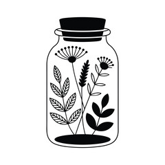 Botanical Jar Illustration with Wild Plants and Flowers for Nature-Themed Art and Coloring Pages for Kids & Adults. Cute & Cozy Coloring Book for Relaxation and Creativity