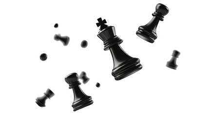 Falling black chess pieces isolated on transparent background