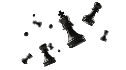 Falling black chess pieces isolated on transparent background