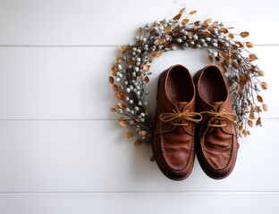 Leather shoes centered in a wreath of berries against white shiplap