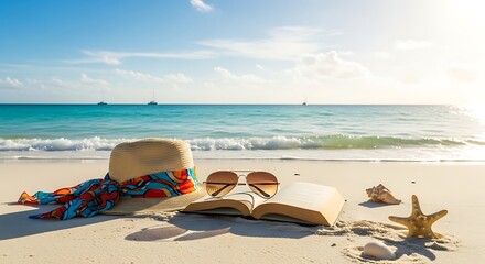 Tropical beach vacation with hat sunglasses book and seashells on white sand by turquoise ocean