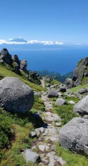 Rocky mountain path leads to ocean view, with distant snow-capped peak