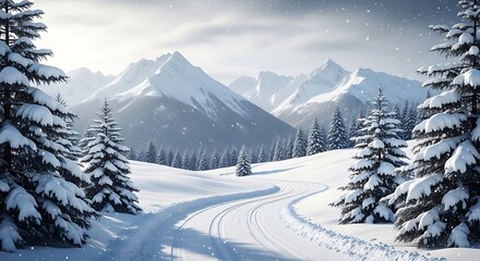 Obraz premium Scenic winter landscape with snowy mountains pine trees and winding trail in snowfall 