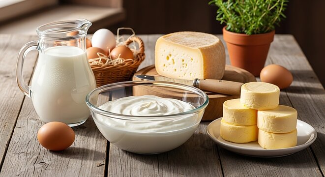 Rustic dairy products with milk cheese butter yogurt and fresh eggs on wooden farmhouse table
