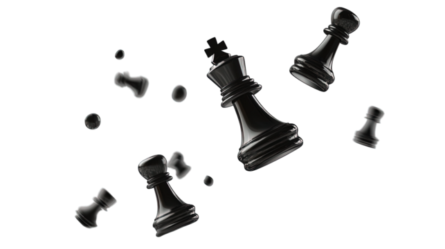 Falling black chess pieces isolated on transparent background