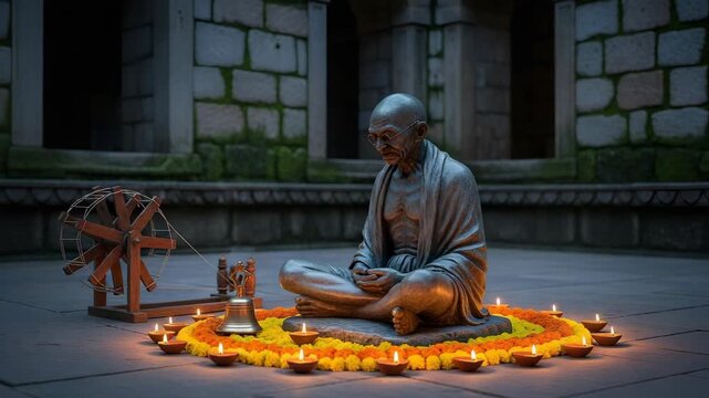 Mahatma gandhi jayanti commemoration a reverent tribute to the father of the nation with lit diyas and charkha