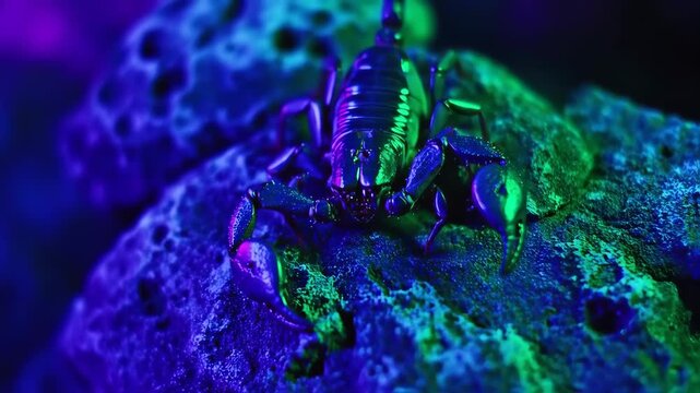 Close-up of a scorpion illuminated by vibrant, multicolored light, seemingly on a textured rock surface