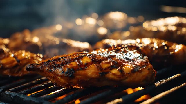 Ultra HD A closeup of grilled chicken on a barbecue, showcasing the smoky flavor and juicy texture of this classic summer dish, grilling chicken on the fire video, grilling chicken video