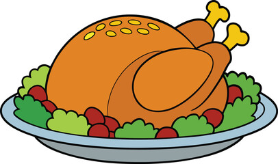 Flat vector illustration of a roast turkey with stuffing on a white background