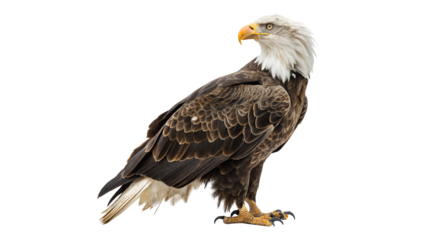 Majestic bald eagle perched on a branch, showcasing its powerful presence in a natural setting on a transparent background