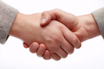 Business professionals engage in a firm handshake to symbolize agreement and collaboration during a meeting Generative AI