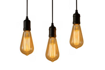 Three hanging vintage light bulbs glowing on transparent background