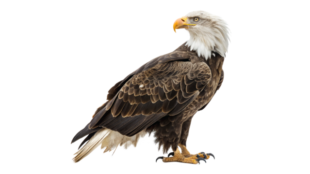 Majestic bald eagle perched on a branch, showcasing its powerful presence in a natural setting on a transparent background