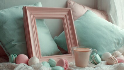 Cozy pastel still life empty frame, drink, macarons, soft pillows, and textured blanket