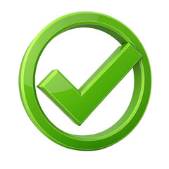 A bright green 3d checkmark symbol inside a circular border against a stark black background representing confirmation approval success and completion of a task