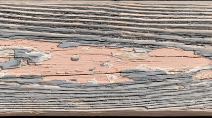 Close-up of aged wooden surface with peeling faded pink paint revealing layers of gray paint and natural wood grain texture
