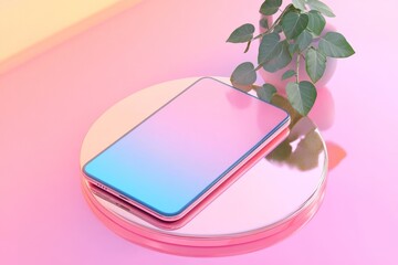 A stylish, rose-gold smartphone rests on a circular, reflective platform, bathed in a soft, pastel pink and blue gradient light.