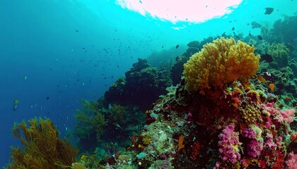 Vibrant coral reef teeming with colorful fish in a sunlit underwater scene.