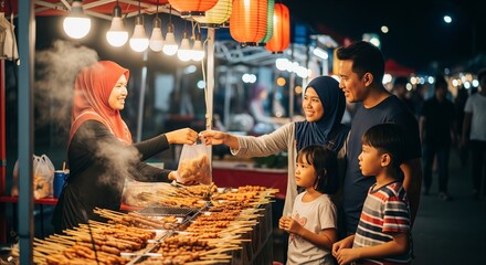 Night market food exchange with colorful lanterns and families enjoying grilled skewers under warm lights