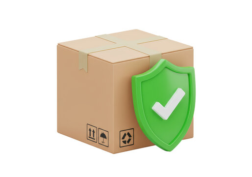 Isolated cardboard box with tape and green shield representing protection or insurance