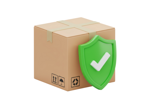 Isolated cardboard box with tape and green shield representing protection or insurance
