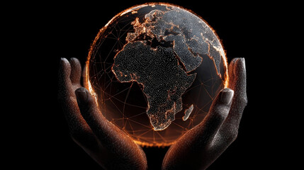 Human hands holding a glowing digital globe depicting Africa and surrounding regions, symbolizing connectivity and global awareness Generative AI