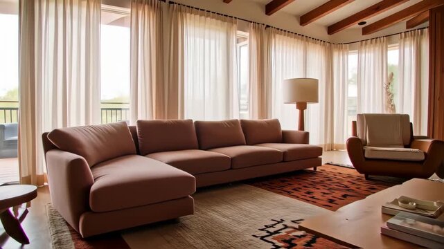 Living Room with Beige Sheer Curtains and Brown Sectional