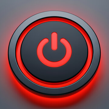 Close up of a glowing red power button with a universal power symbol illuminated on a dark textured surface symbolizing technology and activation