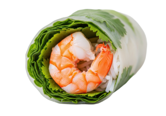 Plump, bright pink shrimp through translucent rice paper of Vietnamese Goi Cuon with mint, cilantro, vermicelli, isolated on transparent, soft studio light, macro food photography, appetizing food