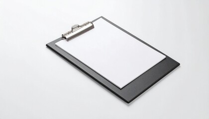A black clipboard with a blank white sheet of paper rests on a plain white background.