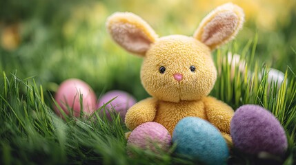 Yellow stuffed bunny surrounded by colorful Easter eggs on vibrant green grass in soft springtime light