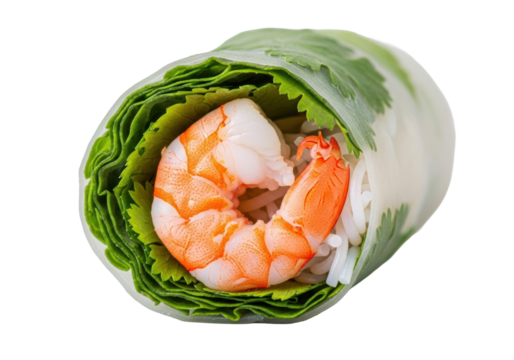 Plump, bright pink shrimp through translucent rice paper of Vietnamese Goi Cuon with mint, cilantro, vermicelli, isolated on transparent, soft studio light, macro food photography, appetizing food