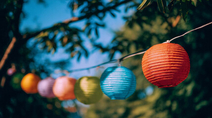 Fototapeta premium Colorful paper lanterns hang on a string against a blue sky in a vibrant outdoor setting during a sunny day Generative AI