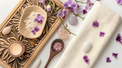 Flatlay of spa towel with orchid flowers for beauty and relaxation