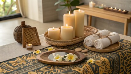 Spa candles and towel with frangipani flowers for tropical wellness