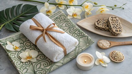 Spa towel with orchid flowers for beauty and relaxation
