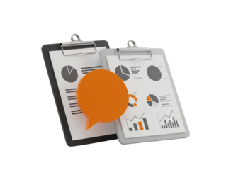 Isolated clipboards with business data charts and orange speech bubble for comment design