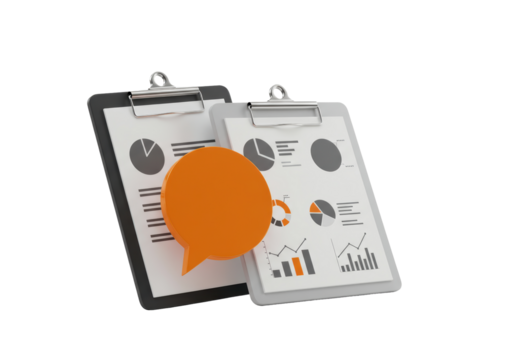 Isolated clipboards with business data charts and orange speech bubble for comment design
