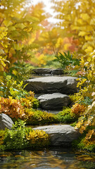 Stone Pathway Through a Lush, Colorful Garden with Autumn Foliage