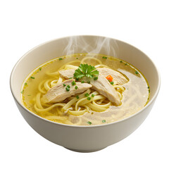 bowl of chicken noodle soup isolated on white or a transparent background, PNG format.